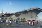 A ground-level view of the proposed site placement of the USS John F. Kennedy in Coddington Cove.