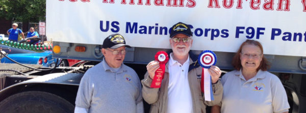 (L-R) David Gamache, Bill Sheridan and Pat Gamache pose with our 1st and 2nd prize ribbons from the 2013 North Providence Memorial Day Parade "Best Float" awards